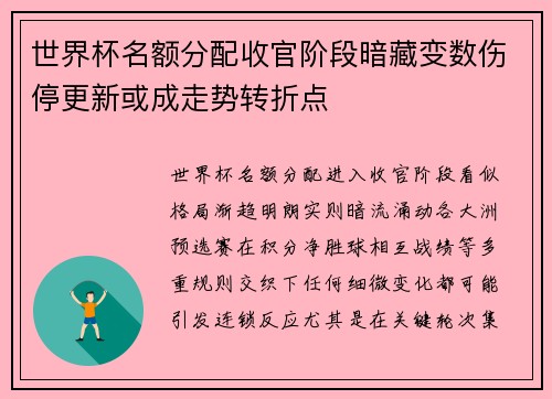 世界杯名额分配收官阶段暗藏变数伤停更新或成走势转折点 世界杯名额分配收官阶段暗藏变数伤停更新或成走势转折点